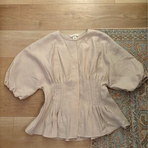 H&M Light Cream Pleated Puff-Sleeve Blouse
